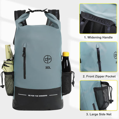UPWELL 30L Waterproof Dry Bag Boating Backpack for Travel Hiking Camping Kayaking Hiking Swimming Floating Submersible Dry Bag grey