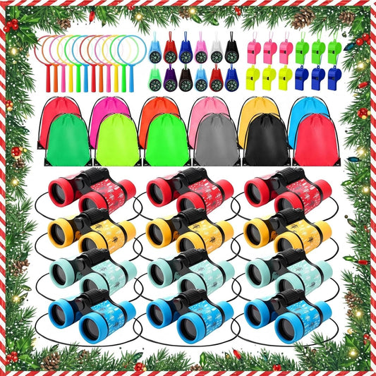 12 Set Binocular Compass Magnifying Glass Set Christmas Birthday Gift Small Telescope Binocular with Whistle Bag for Outdoor Exploring Stocking Stuffer(Mixed Color,Pine)