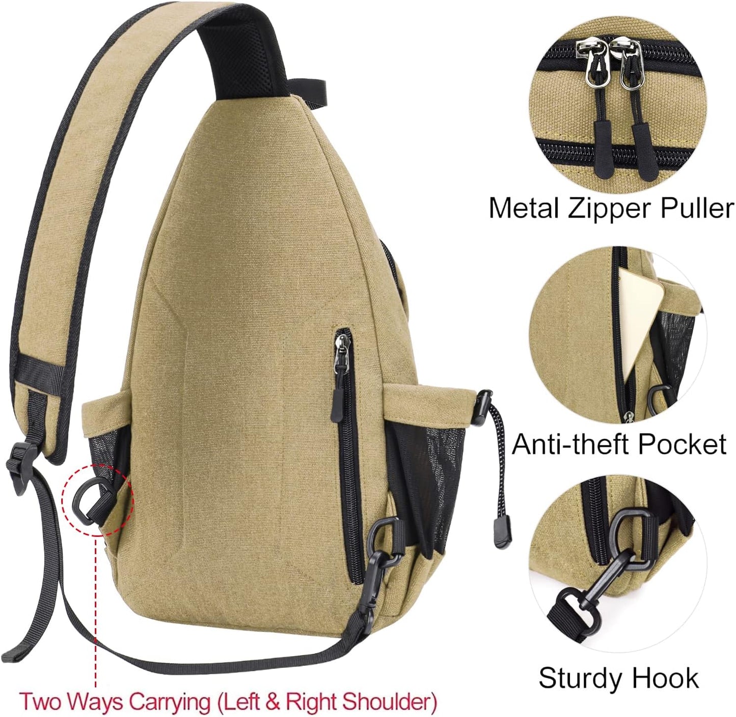 MOSISO Sling Backpack,Canvas Crossbody Hiking Daypack Bag with Anti-theft Pocket, Khaki