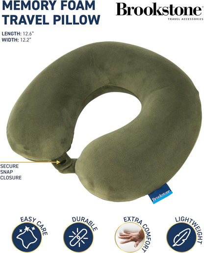 Brookstone Travel Neck Pillow - Lightweight Fleece Casing U-Shaped Stuffable Memory Foam Travel Pillow for Sleeping and Neck Support, Olive