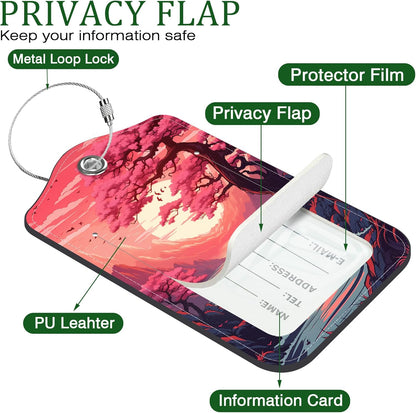 2 Pack Luggage Tag for Suitcase Japanese Sakura Tree Mountains Sunset Leather Suitcase Tags with Privacy Name ID Label and Stainless Steel Loop for Travel Bag