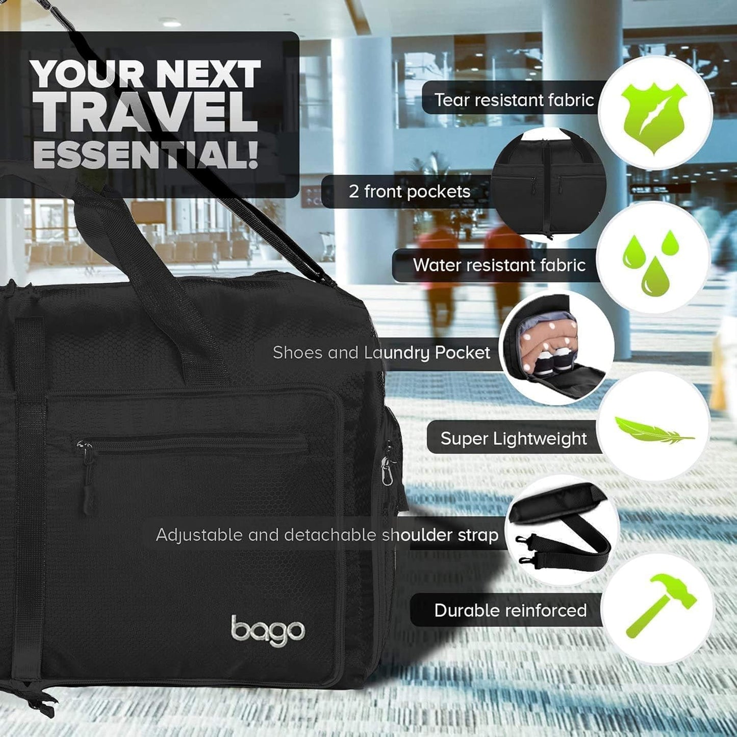 Bago Large Foldable Duffel Bags for Traveling Women & Men - 80L Packable Duffle Bag for Travel with Shoe Compartment - Water Repellant, Heavy Duty, Lightweight Folding & Collapsible (All Black)