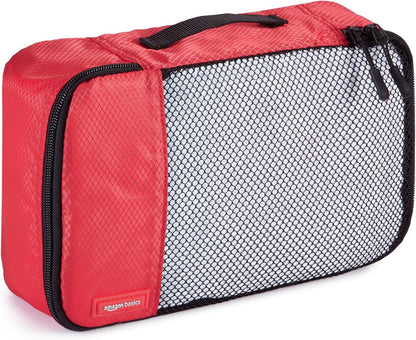 Amazon Basics Packing Cubes for Travel, Packing Organizers Set, 4-Piece-Set (Slim, Small, Medium, Large) With Double Zipper Pulls and Mesh Top Panel, 100% Durable Polyester, Red