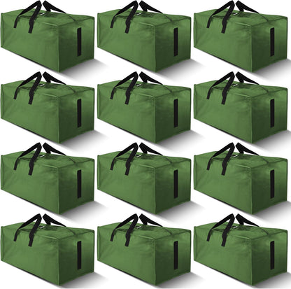 12 Pack Large Strong Moving Bags with Zippers & Carrying Handles - Water-Resistant - Heavy Duty Storage Tote for Space Saving, Fold Flat, Alternative to Moving Box (Olive Green)