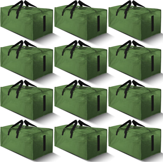 12 Pack Large Strong Moving Bags with Zippers & Carrying Handles - Water-Resistant - Heavy Duty Storage Tote for Space Saving, Fold Flat, Alternative to Moving Box (Olive Green)