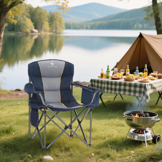 ALPHA CAMP Oversized Camping Chair Heavy Duty Lawn Chair with Cooler Bag Support 450 LBS Steel Frame Collapsible Padded Arm Quad Lumbar Back Folding Chair for Lawn Outdoor
