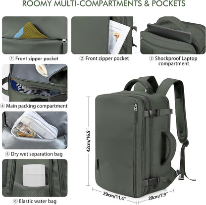 Beraliy Travel Backpack for Men Women, Carry On Backpack, 16 Inch Laptop Backpack, Waterproof Hiking Backpack, Casual Outdoor Daypack College Bag, Olive-green