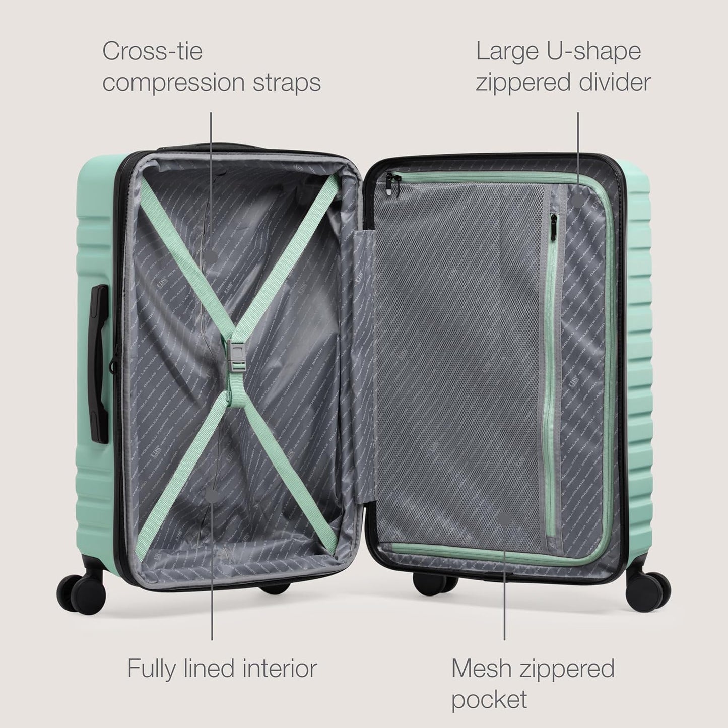 U.S. Traveler Boren Polycarbonate Hardside Rugged Travel Suitcase Luggage with 8 Spinner Wheels, Aluminum Handle, Mint, 3-Piece Set, USB Port in Carry-On