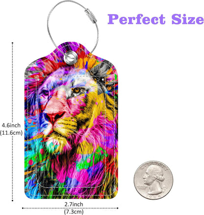 2 Pack Luggage Tags for Suitcase Colorful Abstract Lion Leather Stainless Steel Loop Label Tags for Women Men Travel Bag Suitcase with Privacy Cover Name ID Card