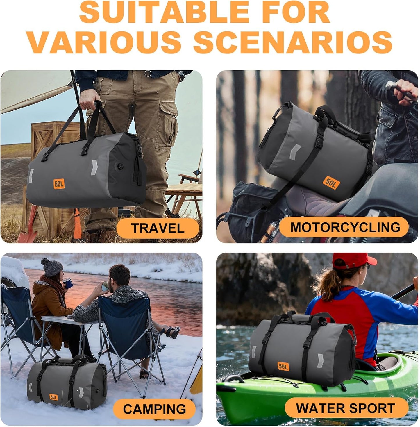 Waterproof Duffel Bag, 50L Roll-top Motorcycle Dry Bag with Air Valve & Quick-fixed Straps, Travel Duffle Bags for Kayaking Paddle Boarding Rafting Boating Camping Riding Fishing - Grey