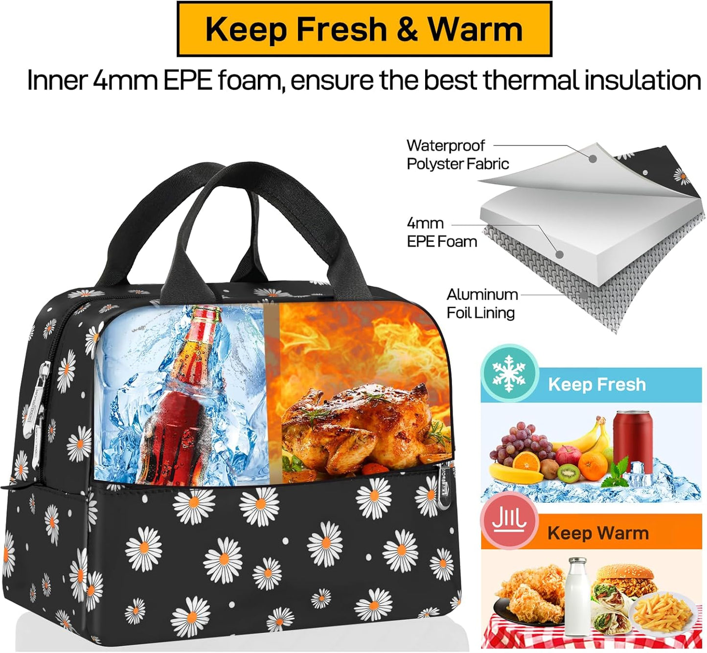 HOMESPON Insulated Lunch Bag for Women Men Lunch Box Cooler Lunch Tote for Work Picnic (Daisy)