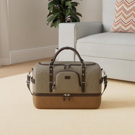 Nerlion Green Large Weekender Overnight Duffel Bag with Shoe Compartment and Leather Accents