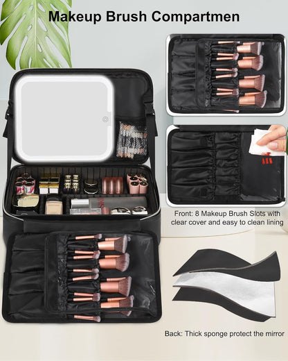 Relavel Makeup Bag with LED Mirror Travel Train Case Large Cosmetic Bags Organizer with Lighted Up Mirror with 3 Color Lights, Adjustable Brightness, Adjustable Dividers and Shoulder Strap (Black)