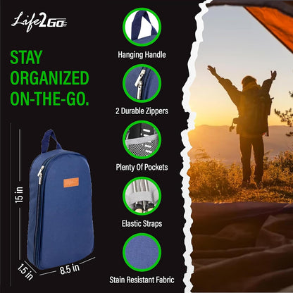 12 Pcs Camp Cooking Utensil Set & Outdoor Kitchen Gear Cookware Kit, Portable Compact Carry Case for Camping, Hiking, Travel, BBQ Grilling Stainless Steel Accessories Spoon & Fork, Navy