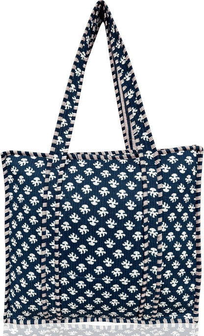 Cotton Quilted Tote Bag for Women – Large Beach & Travel Tote with Zipper, Reusable Grocery Bag