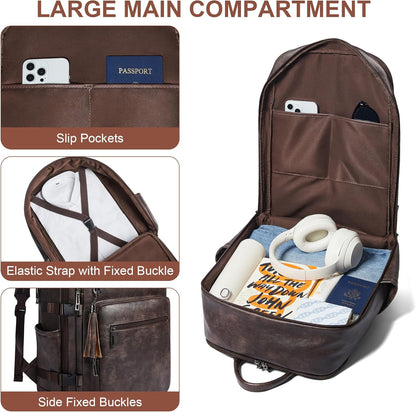 Shrrie Laptop Backpack for Women,Vegan Leather Backpack Work Computer Backpacks fits 16" Laptop,Water Resistant Teacher Nurse Casual Daypack for Weekender Camping Travel,Two-toned Coffee