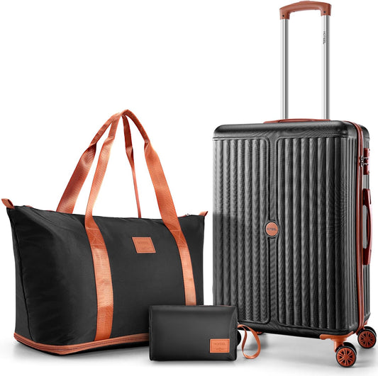 Hoteel 20Inch Luggage 3-piece Set, 360° Universal Suitcases with Wheels Hard Shell Suitcase with TSA Lock, Including Waterproof Luggage Bag, Travel Maletas for Men and Women,Black