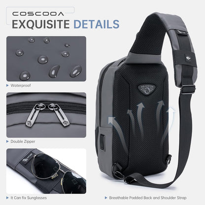 Sling Bag for Men, Anti-theft Crossbody Bag with USB Charging Port, PU Leather Shoulder Bag for Women Travel Outdoor Casual Sports Daypacks