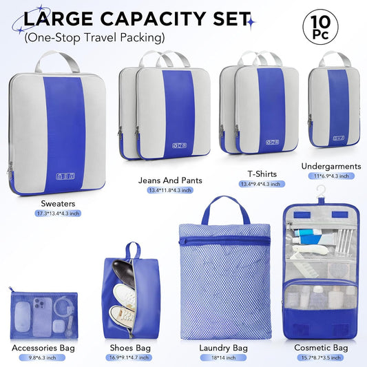 10 Set Compression Packing Cubes for Travel Essentials,Compressible Expandable Packing Cubes for Suitcase,OlarHike Luggage Organizer Bags for Travel,Handy Helper for Organizing Clothes(Klein Blue)