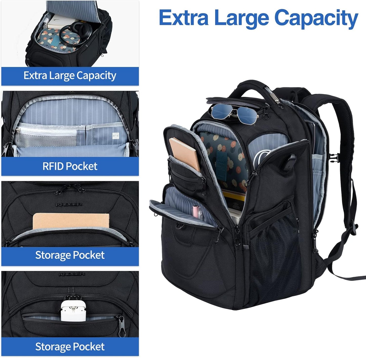 KROSER TSA Friendly Travel Laptop Backpack 18.4 inch XXXL Gaming Backpack Water-Repellent College Daypack Business Backpack with RFID Pockets & USB Port for Men/Women-Black