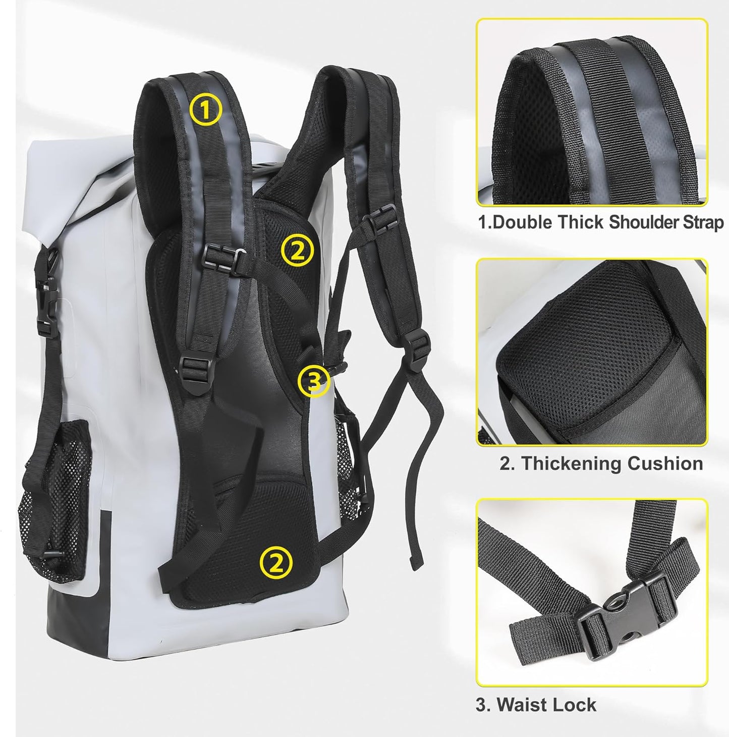 UPWELL Waterproof Dry Bag 30L Boating Backpack for Travel Hiking Camping Bags for Kayaking Hiking Waterproof Bags Swimming Floating Submersible Dry Bag Grey&White