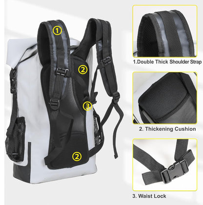 UPWELL Waterproof Dry Bag 30L Boating Backpack for Travel Hiking Camping Bags for Kayaking Hiking Waterproof Bags Swimming Floating Submersible Dry Bag Grey&White