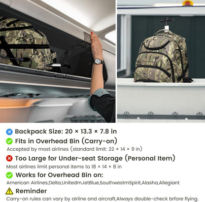 Boavan Rolling Backpack,17 inch Water Resistant Wheeled Backpack,Carry on Luggage Business Bag, Overnight College Computer Bag Trolley Suitcase for Men Women Adults to Travel