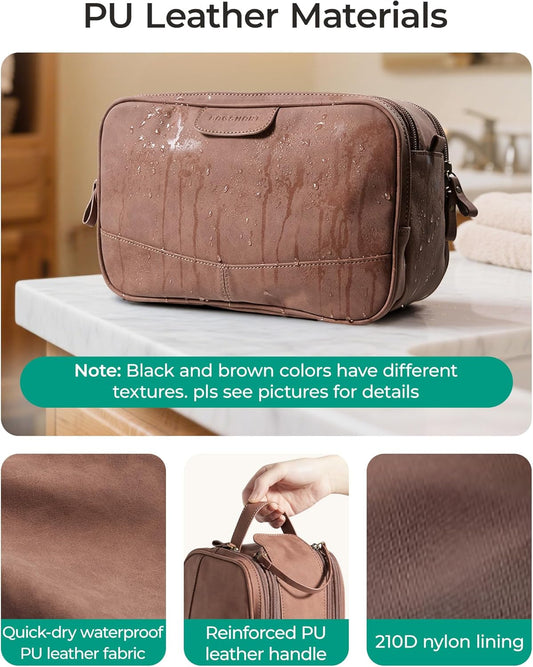 BAGSMART Toiletry Bag for Men, PU Leather Travel Bag for Toiletries, Dopp Kit Water Resistant Shaving Bag for Bathroom Shower-Light Brown