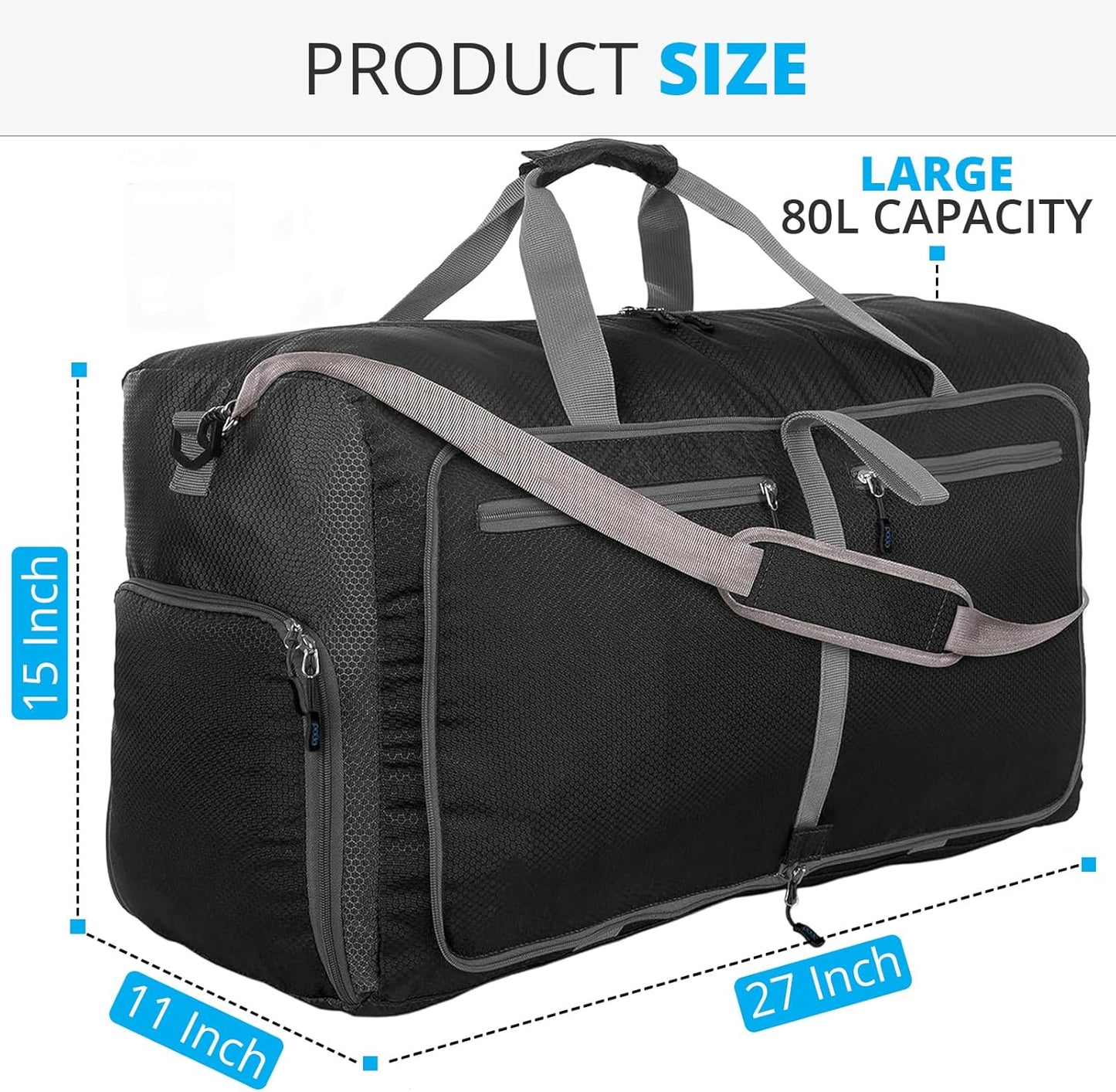 Bago Large Foldable Duffel Bags for Traveling Women & Men - 80L Packable Duffle Bag for Travel with Shoe Compartment - Water Repellant, Heavy Duty, Lightweight Folding & Collapsible (Black)