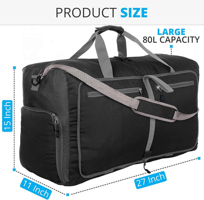 Bago Large Foldable Duffel Bags for Traveling Women & Men - 80L Packable Duffle Bag for Travel with Shoe Compartment - Water Repellant, Heavy Duty, Lightweight Folding & Collapsible (Black)