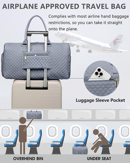 Weekender Travel Duffle Bag for Women - Carry on Bag with Shoe Compartment Overnight Bags with Toiletry Bag Wet Pocket Weekend Traveling Yoga Gym Hospital Bags for Labor and Delivery Grey