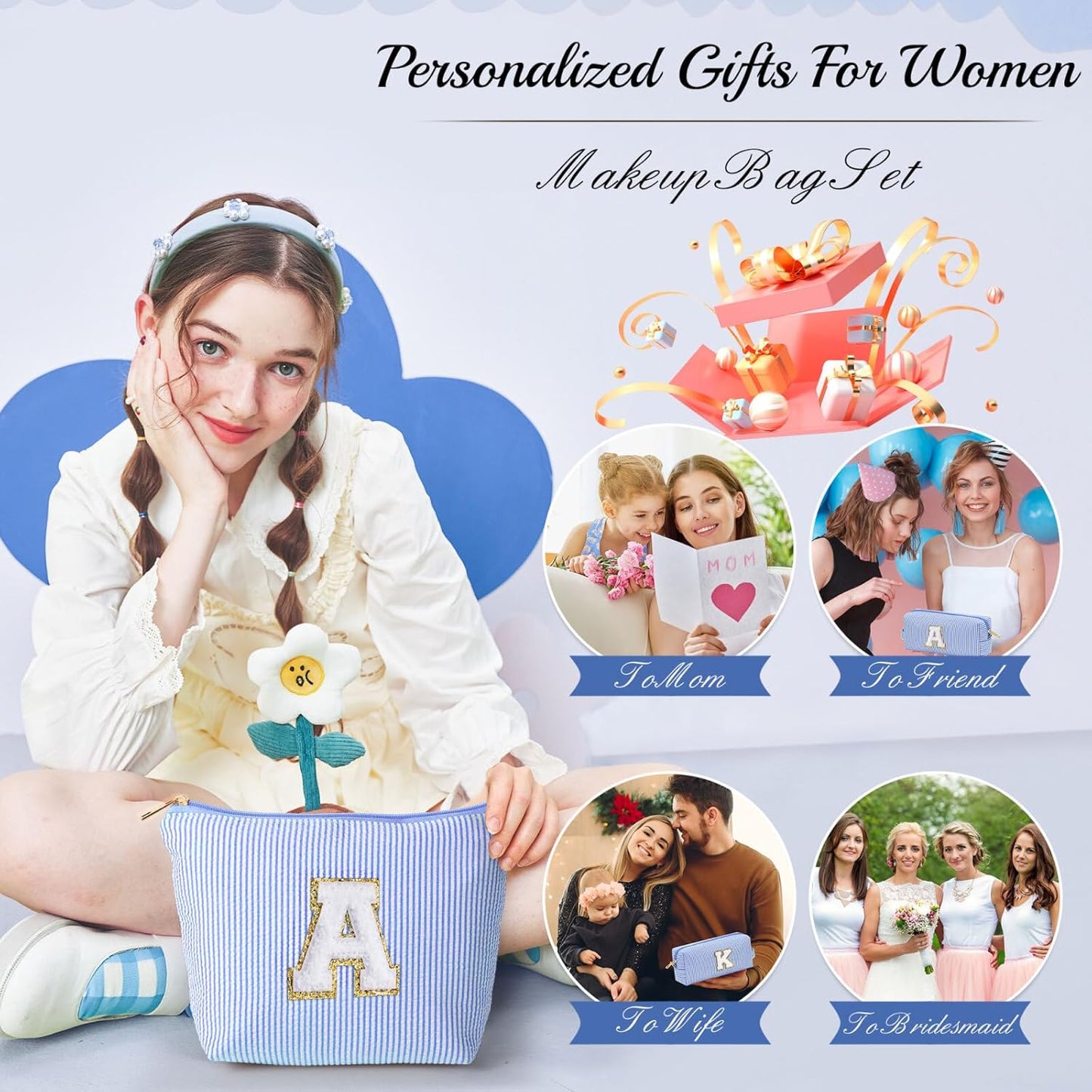 YOOLIFE Cute Makeup Bag for Girls Women - Personalized Initial Blue Makeup Pouch for Girlfriend Bridesmaid Wife | Cosmetic Travel Toiletry Bag for Her Mom | Birthday Preppy Stuff C