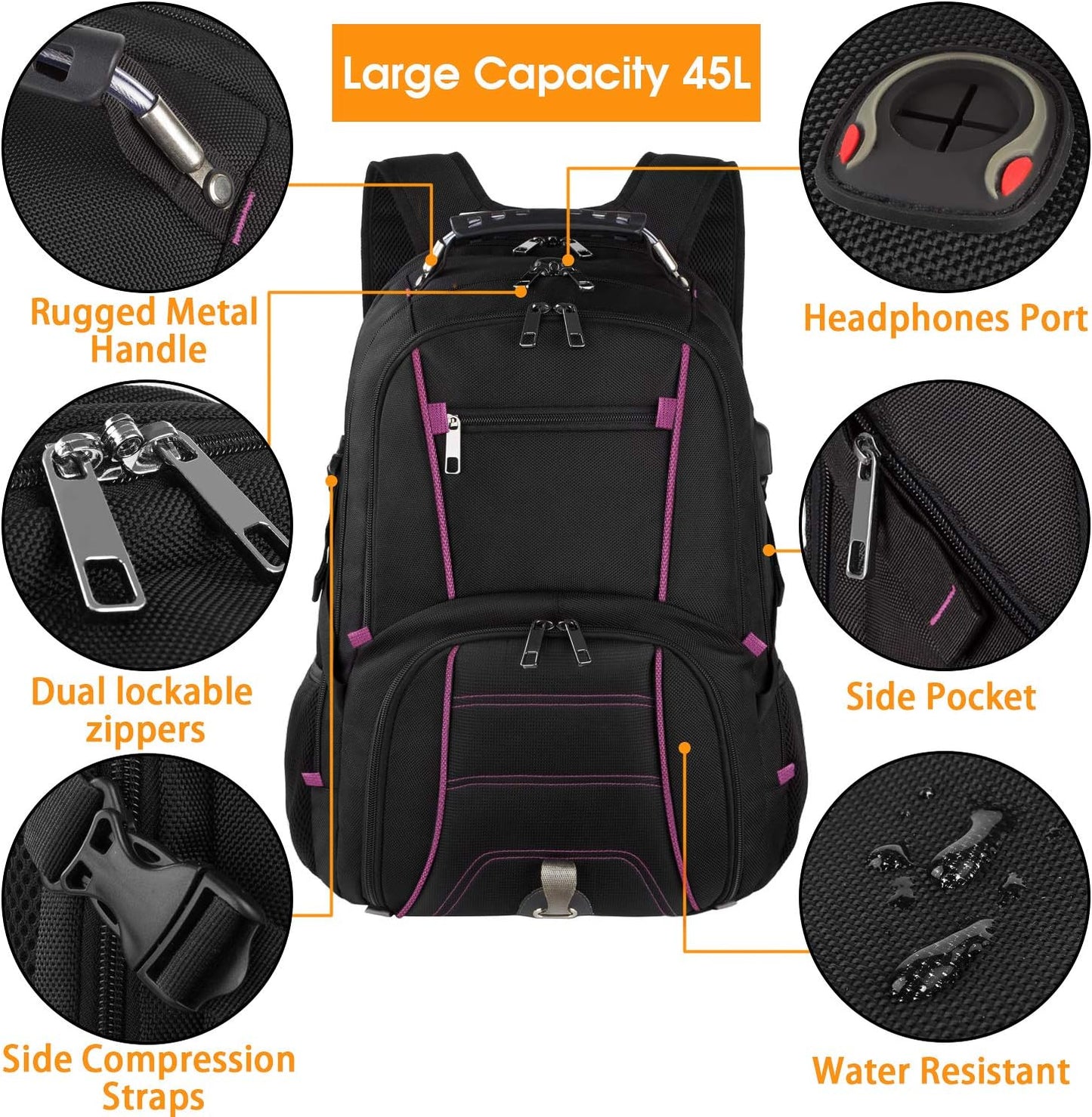 LTINVECK Extra Large Backpack,TSA Friendly Travel Laptop Computer Backpack for Men Women with USB Charging Port,RFID Water Resistant Big Business Backbag Fits 17.3 Inch Laptops,Purple
