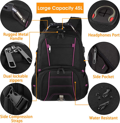LTINVECK Extra Large Backpack,TSA Friendly Travel Laptop Computer Backpack for Men Women with USB Charging Port,RFID Water Resistant Big Business Backbag Fits 17.3 Inch Laptops,Purple