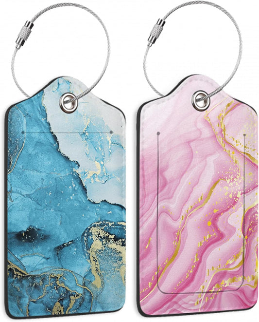 Set of 2 Luggage Tags for Suitcases, Leather Blue Fluid Marble Baggage Tags with Stainless Steel Loop, Privacy Name ID Card Cover Kawaii Travel Labels for Women Men Kids Girls
