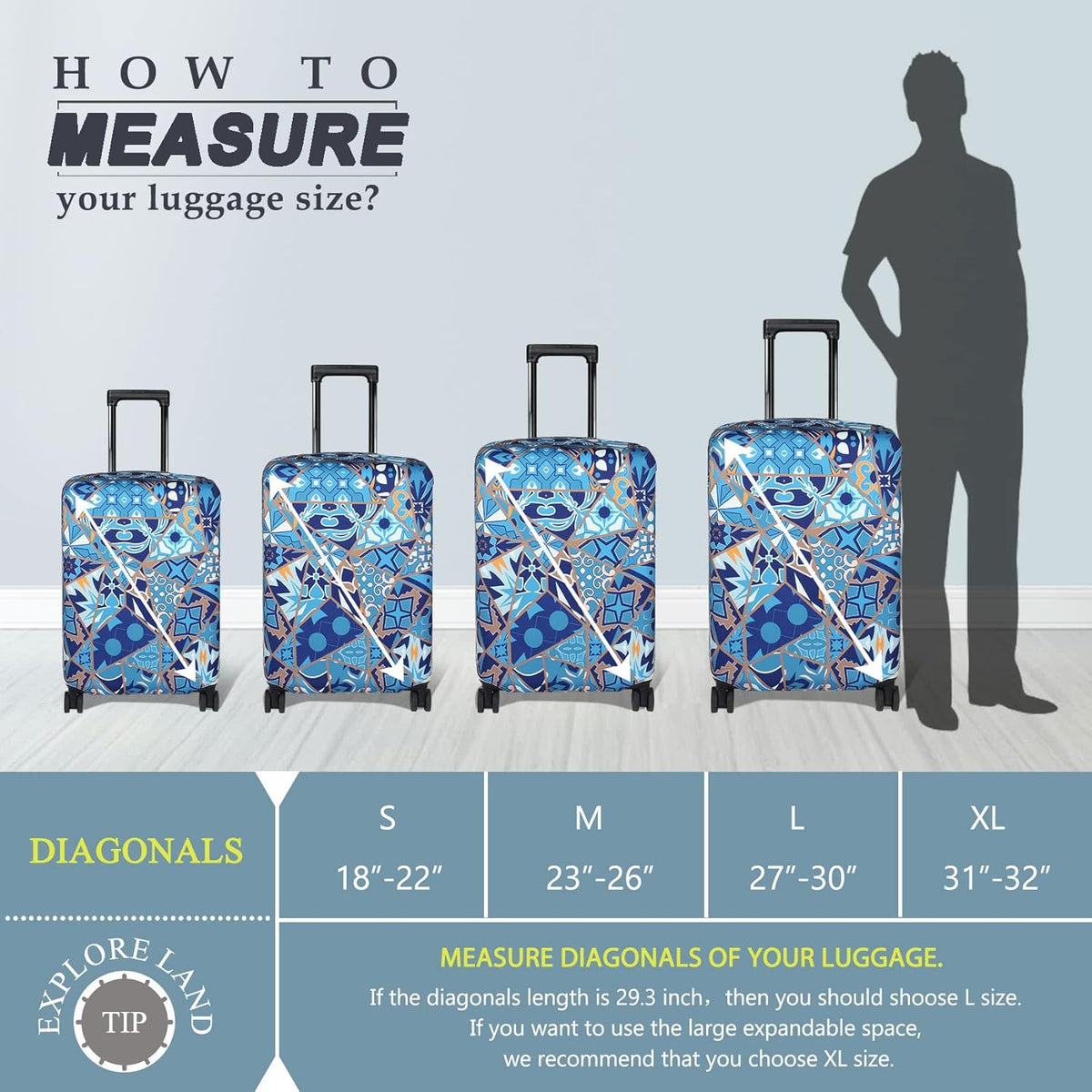 Explore Land Travel Luggage Cover Suitcase Protector Fits 18-22 Inch Case (Portuguese tiles, S)