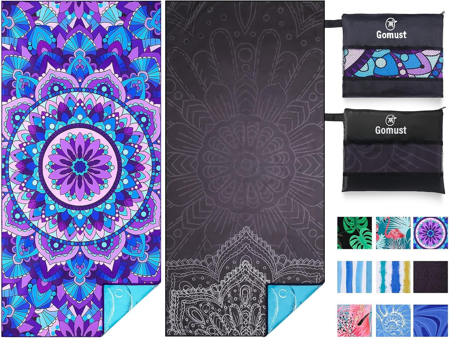 2 Pack Lightweight Thin Beach Towel Oversized 71"x32" Big Extra Large Microfiber Sand Free Towels for Adult Quick Dry Travel Camping Beach Accessories Vacation Essential Gift Purple Black Mandala
