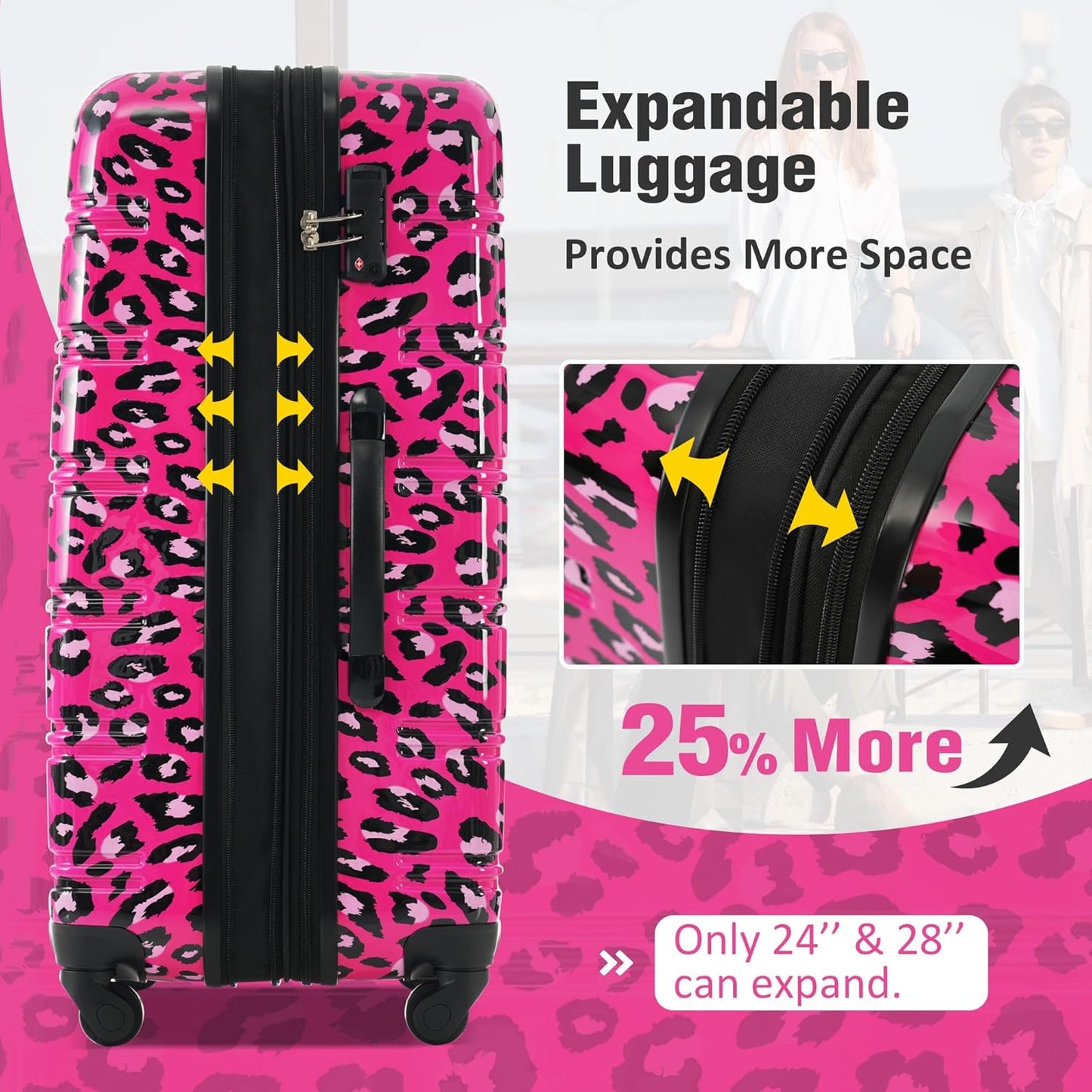 Merax Luggage Sets 3 Piece, Hardside Expandable Suitcase Set with Spinner Wheels, Lightweight Leopard Luggage 20+24+28 IN, Leopard Hot Pink