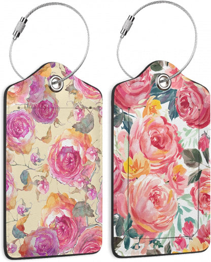 2 Pack Luggage Tag for Suitcase,Retro Flower Rose Leather Suitcase Tags Identifiers with Privacy Name Address Labels and Durable Steel Loop for Women Men Travel