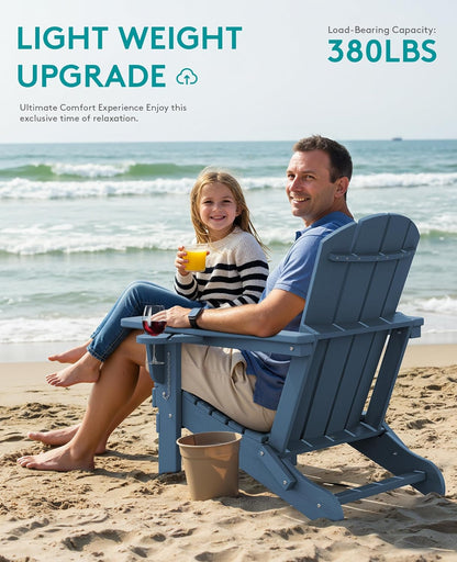 SERWALL Folding Adirondack Chair, Dual Cup Holders & All-Weather HDPE, Wood-Like Patio Chair for Backyard, Camping，Pool & Fire Pit- Navy