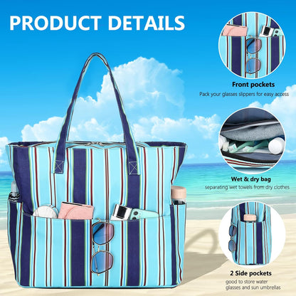 LEDAOU Beach Bag Waterproof Sandproof Women Tote Bag Pool Bag with Zipper for Gym Grocery Travel with Wet Pocket
