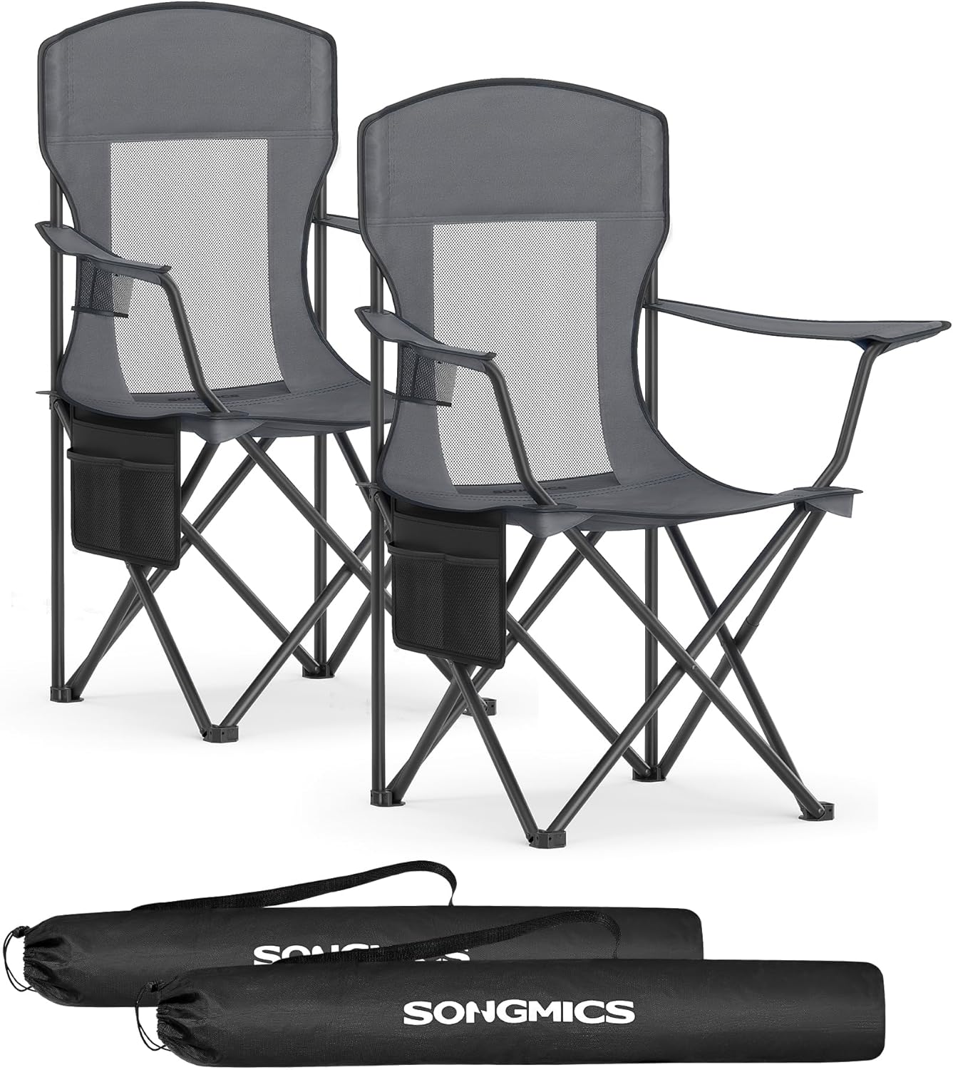SONGMICS Breathable Camping Chairs, Foldable Outdoor Chairs Set of 2, High Back, Adjustable Armrests, Drink Holder, Weight Capacity 330 lb, for Sports Garden Backyard, Slate Gray UGCB028G01