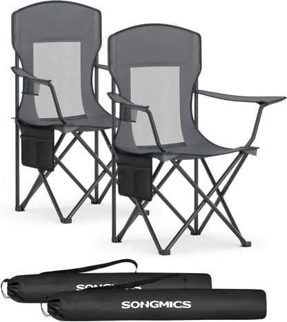 SONGMICS Breathable Camping Chairs, Foldable Outdoor Chairs Set of 2, High Back, Adjustable Armrests, Drink Holder, Weight Capacity 330 lb, for Sports Garden Backyard, Slate Gray UGCB028G01