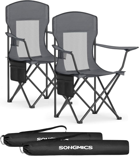SONGMICS Breathable Camping Chairs, Foldable Outdoor Chairs Set of 2, High Back, Adjustable Armrests, Drink Holder, Weight Capacity 330 lb, for Sports Garden Backyard, Slate Gray UGCB028G01