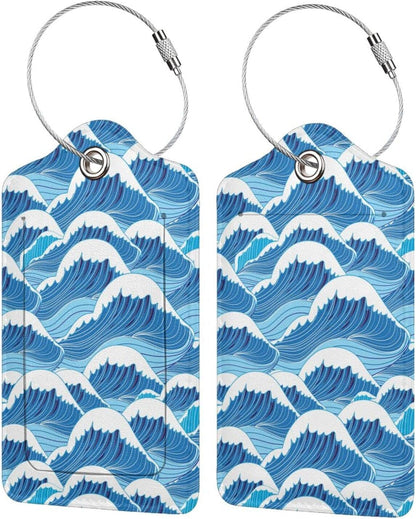 2PC Cartoon Waves Luggage Tag, Cute Blue Sublimation Printed Travel Suitcase Baggage Identifiers Tags for Women Men Kids Honeymoon Wedding Gift
