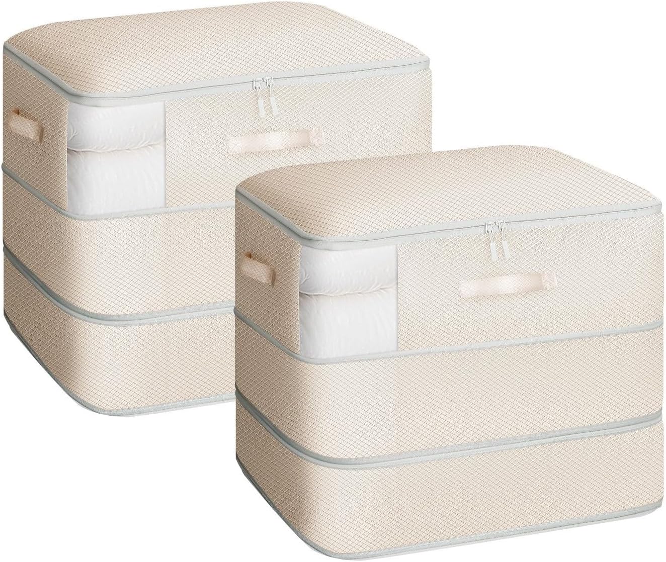 2 Pack Compression Storage Bags - 110L Large Capacity Comforter Storage Bag, 3-Layer Washable Ultra Space Saving Self Compression Organizer Space Bags for Blankets, Sweaters, Sheets, Beige