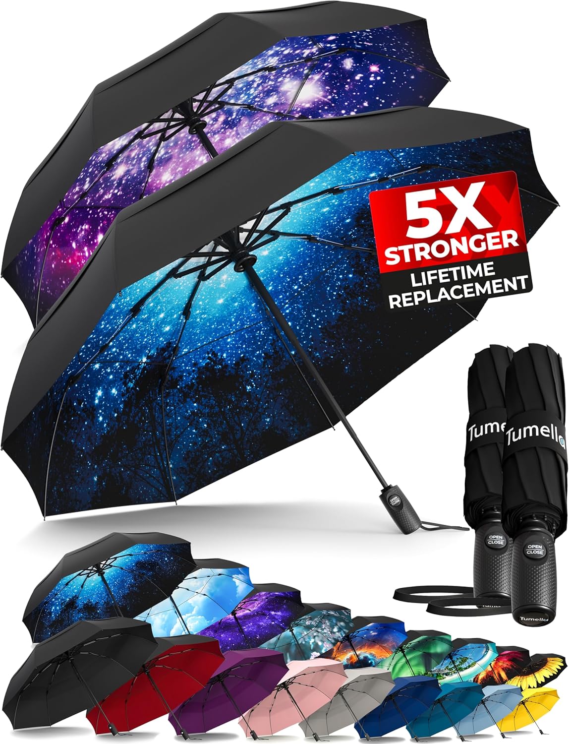 TUMELLA Strongest Windproof Travel Umbrella (Compact, Superior & Beautiful), Small Strong but Light Portable and Automatic Folding Rain Umbrella, Durable Premium Grip, Fits Car & Backpack