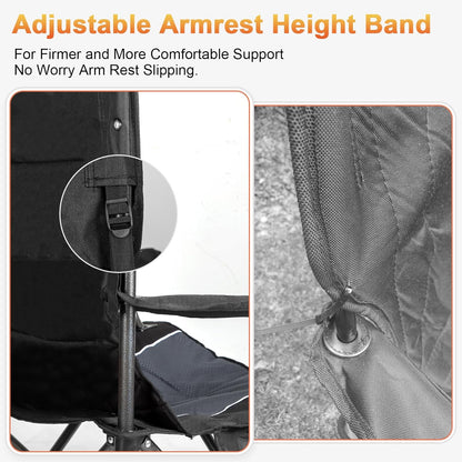 Romswi Oversized Camping Chairs,Heavy Duty Support 500 LBS,Padded Back & Arm Sport Chairs, Cup Holder Cooler Bag, Collapsible Folding Chairs for Outdoor, Fishing & Garden, Black,2-Pack