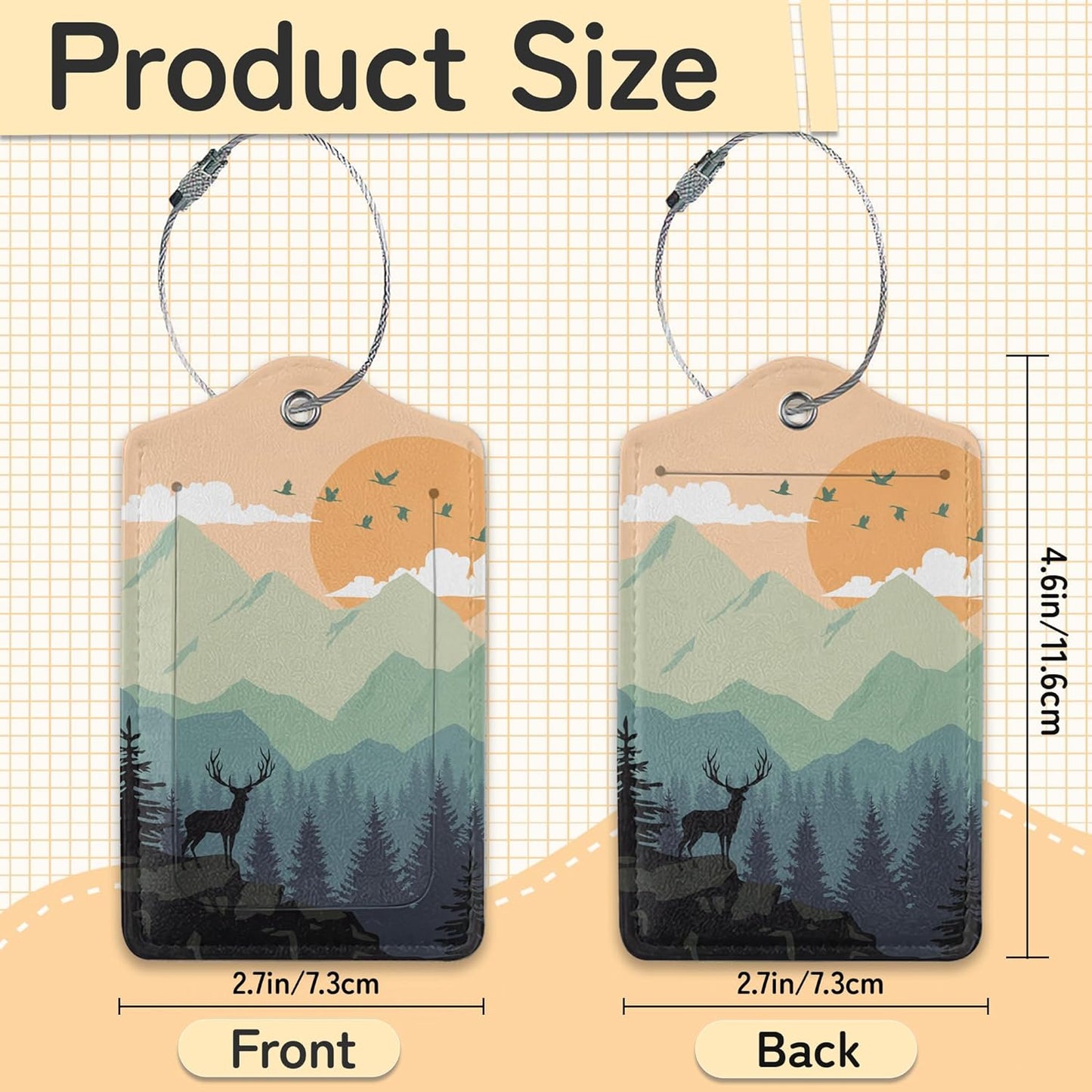 Sunset Landscape Luggage Tag for Suitcase,Mountain Tree Design with Privacy Flap Name ID Label Metal Loop, 3 Pack