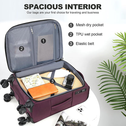 KROSER Softside Expandable Carry On Luggage with Spinner Wheels & Built-in TSA Lock, Durable Suitcase Rolling Luggage with USB Port, Carry-On 20-Inch, Burgundy